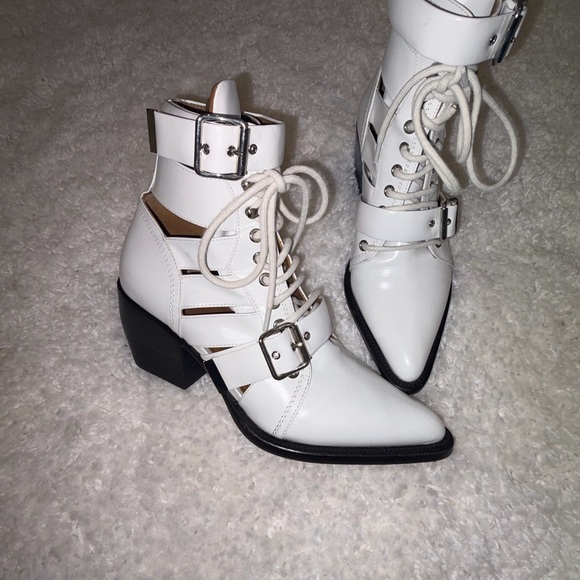 Chloe Shoes - Chloé White Cut-Out Lace-Up Ankle Boots with Buckles for Women